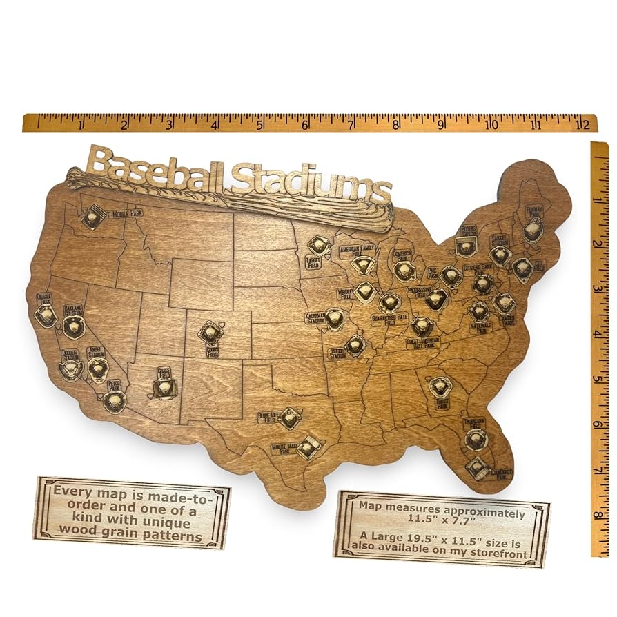 Amazon Baseball Stadium Tracker Handcrafted Travel Map With Ballpark Blueprint Pieces Dark Brown Baseball Stadiums Home Kitchen