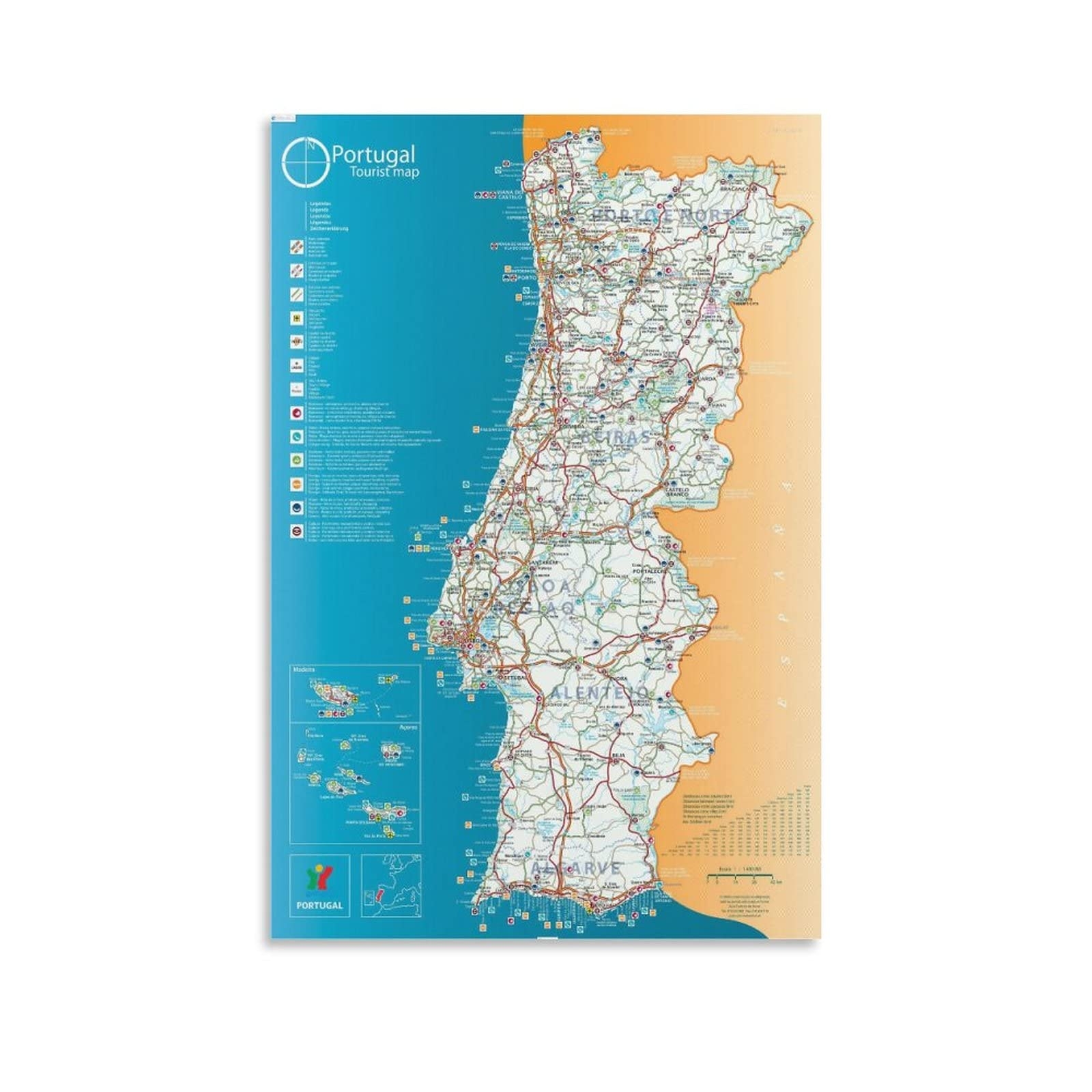Amazon Iconic Arts Laminated Poster Maps Of Portugal Detailed Map Of Portugal In English Tourist Map Of Portugal Road Map Of Canvas Painting Posters And Printed Wall Art Posters For Living
