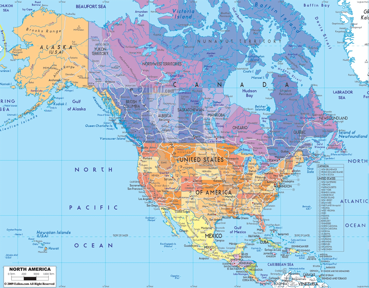 Detailed Political Map Of North America With Roads Vidiani Maps Of All Countries In One Place