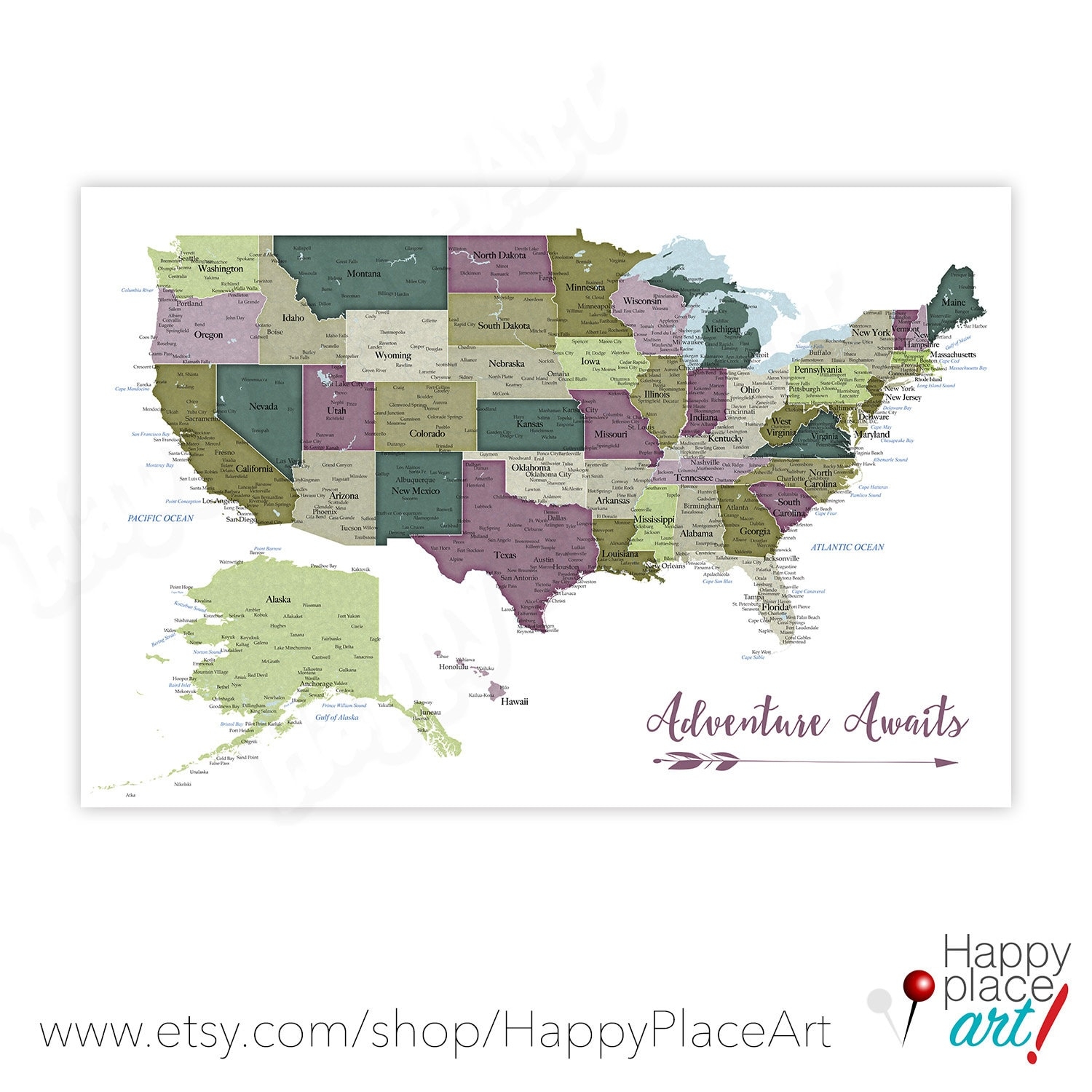 Detailed USA Map With Cities And States Labels US Map Print With City Names And State Names Added Neutral Colors Push Pin Map Idea