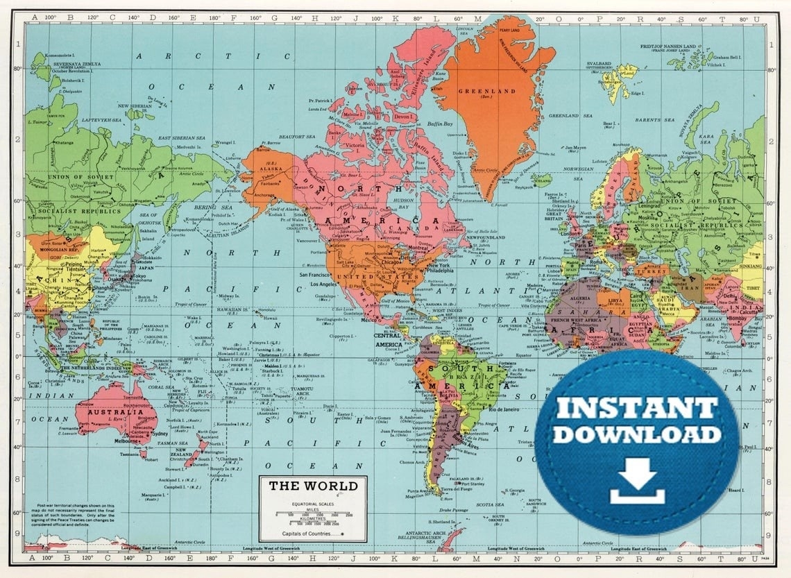 Digital Vintage Bright Colors World Map Printable Download Vintage World Map Poster Map Antique World Map Historical World Map Etsy