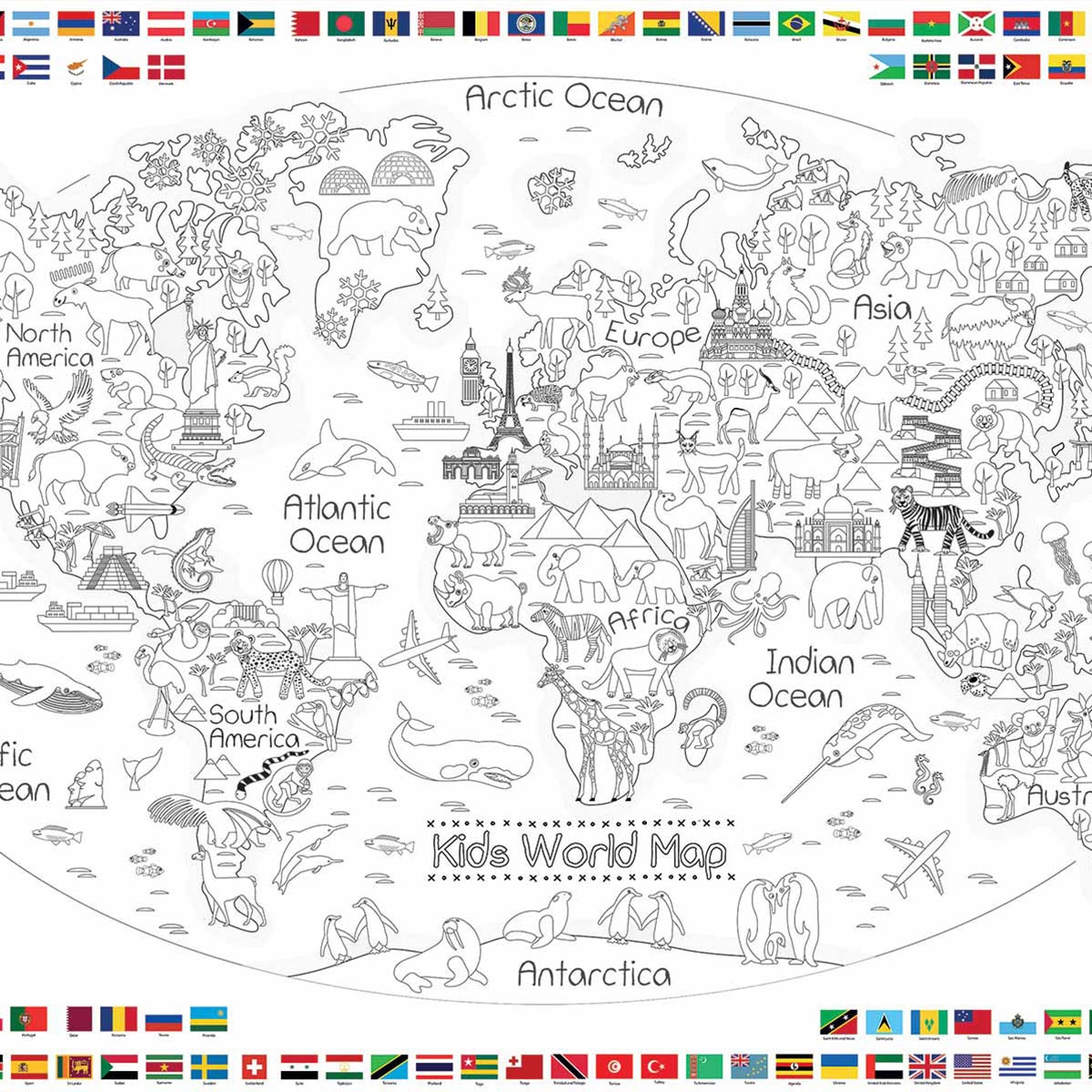 Kids World Map 35x52 Giant Coloring Poster For Children