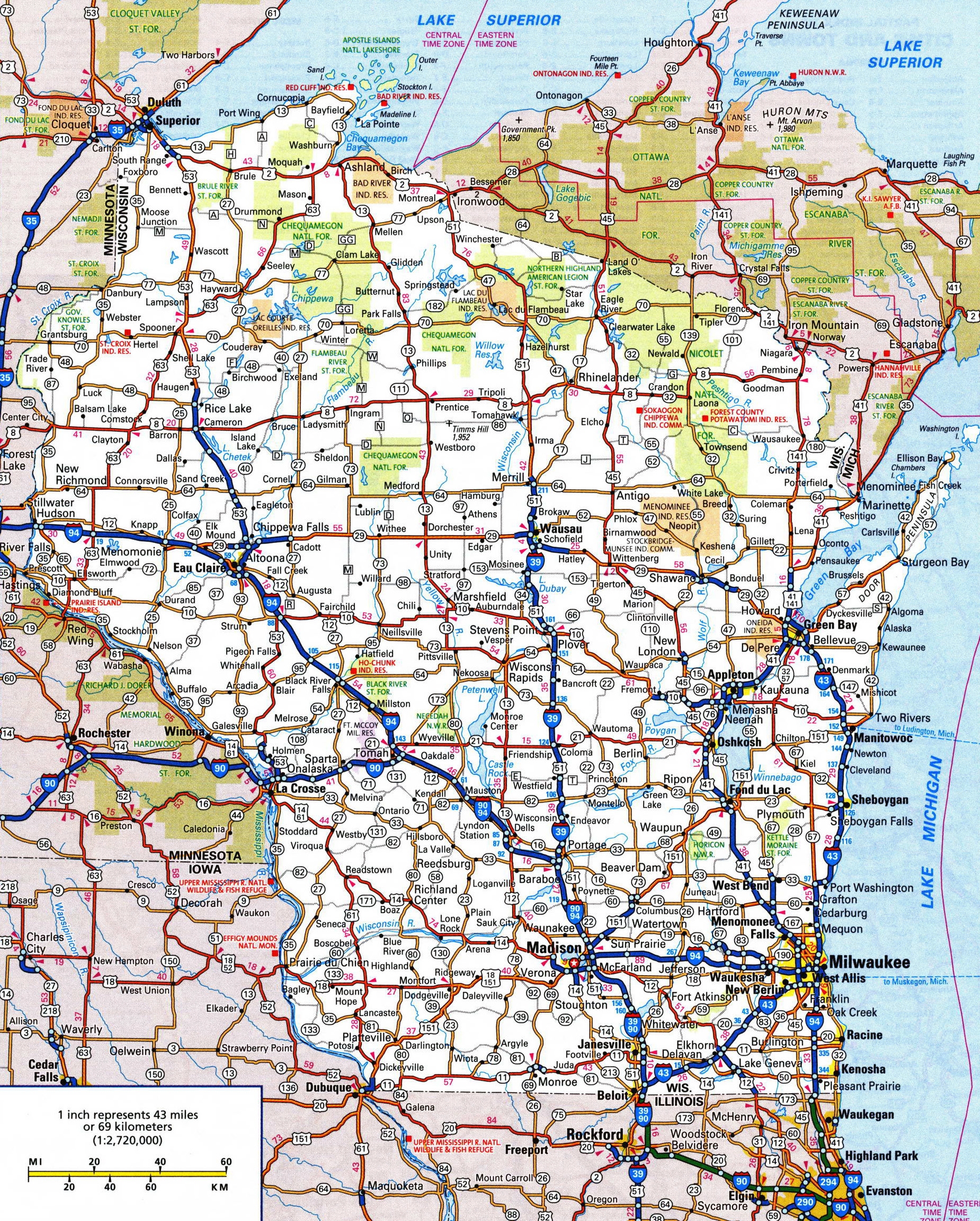 Large Detailed Roads And Highways Map Of Wisconsin State With National Parks And Cities Vidiani Maps Of All Countries In One Place