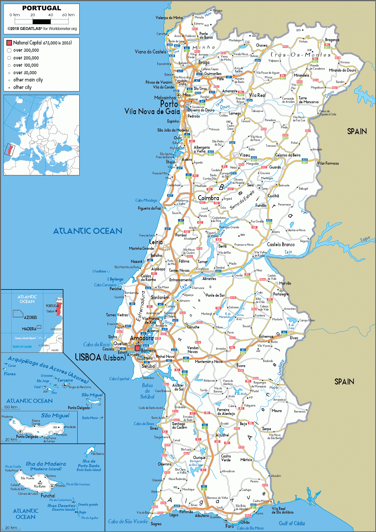 Large Size Road Map Of Portugal Worldometer