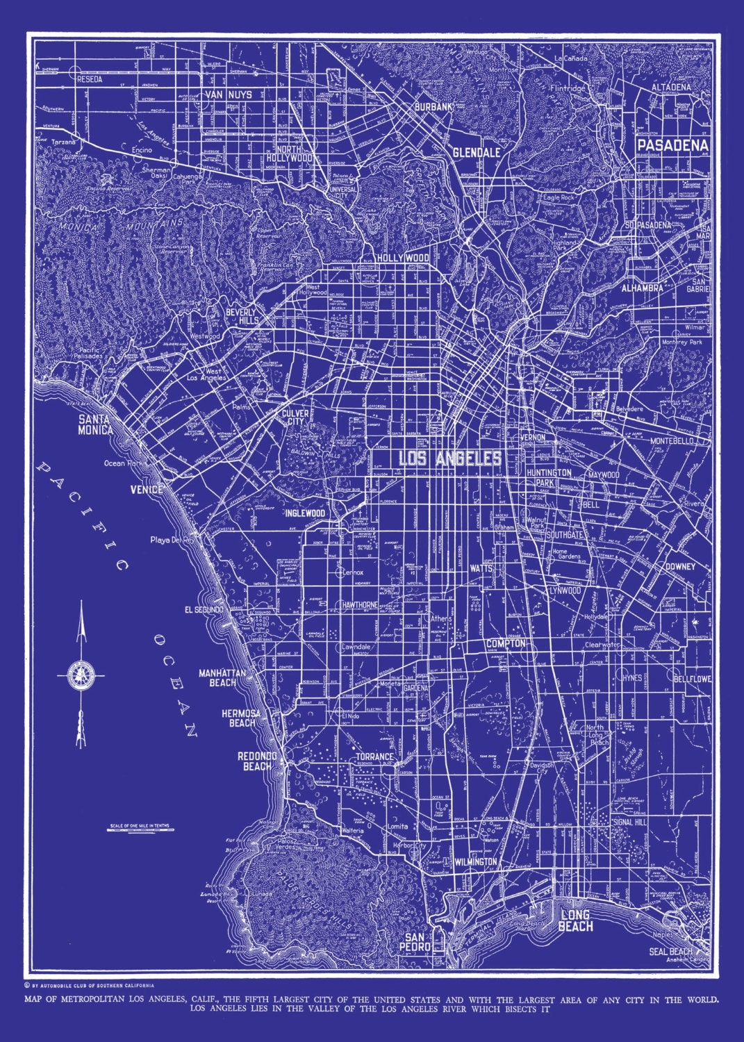 Los Angeles Map Street Map Vintage Blueprint Print Poster Etsy