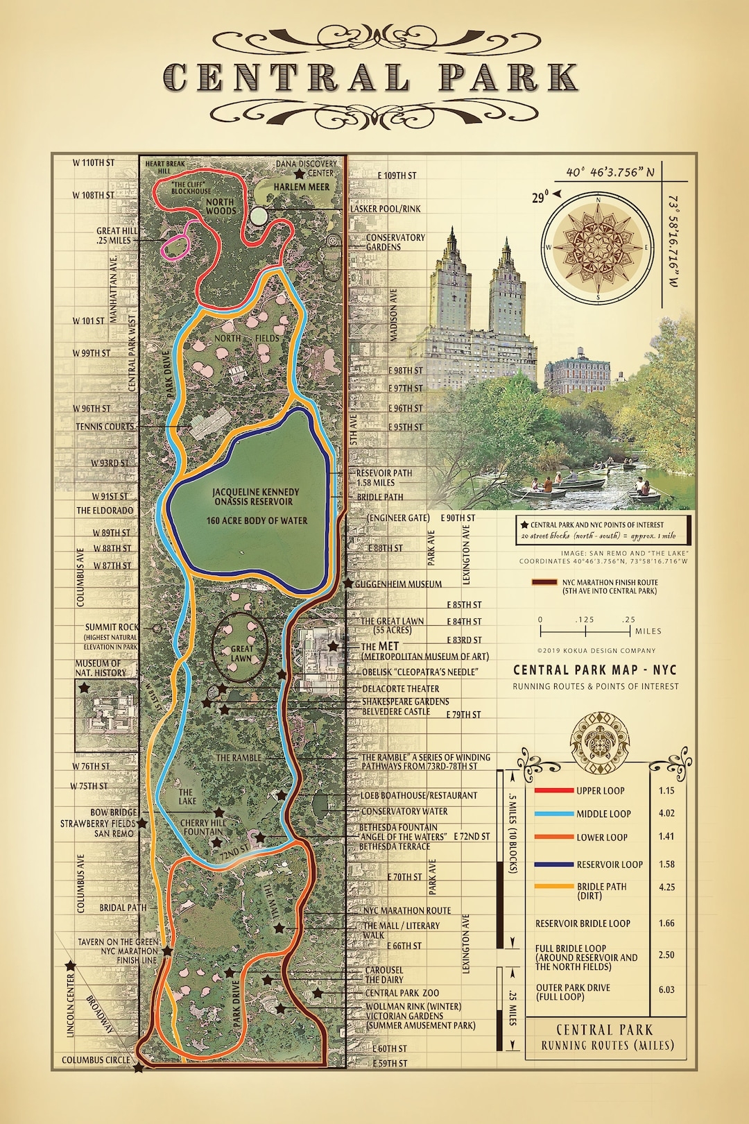 NYC Central Park San Remo The Lake Vintage Inspired 12 x18 Running Route Map Etsy de