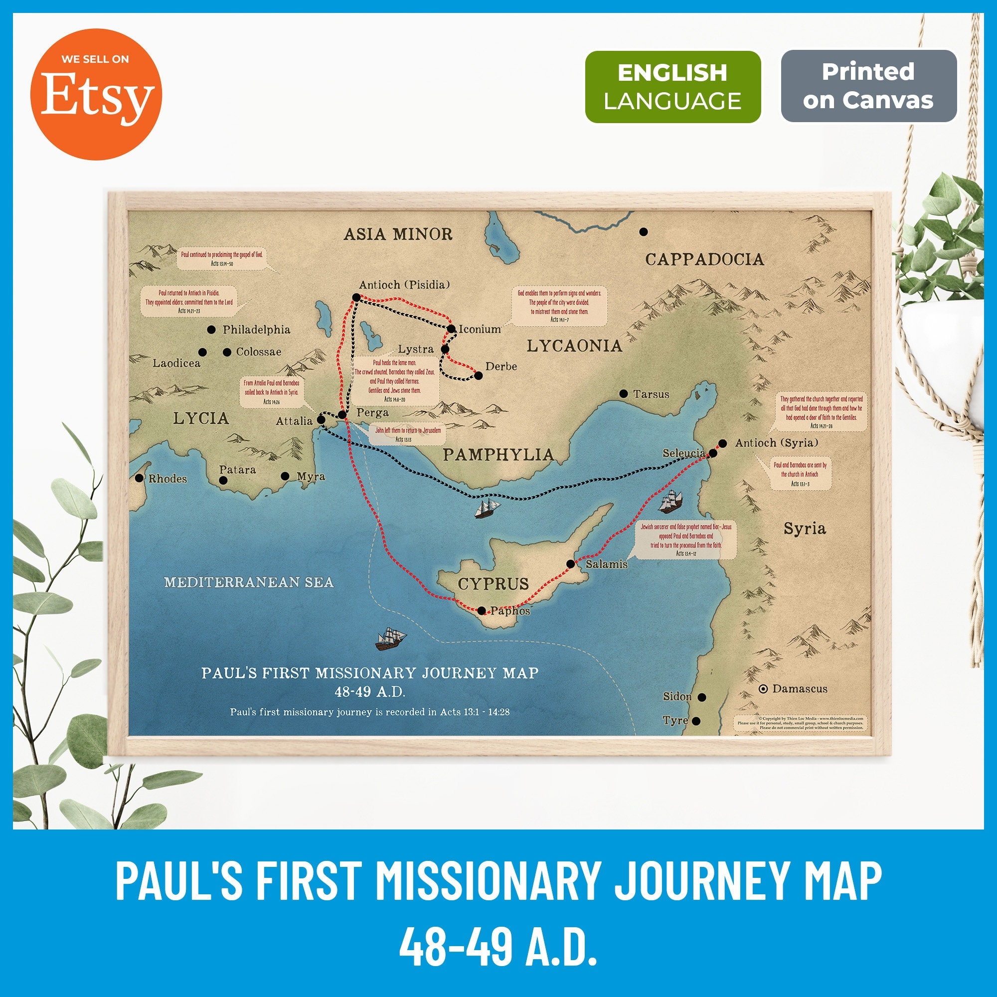 Paul s First Missionary Journey Map Printable Bible Map Apostle Paul Travels New Testament Study Christian Wall Art Canvas Print Etsy