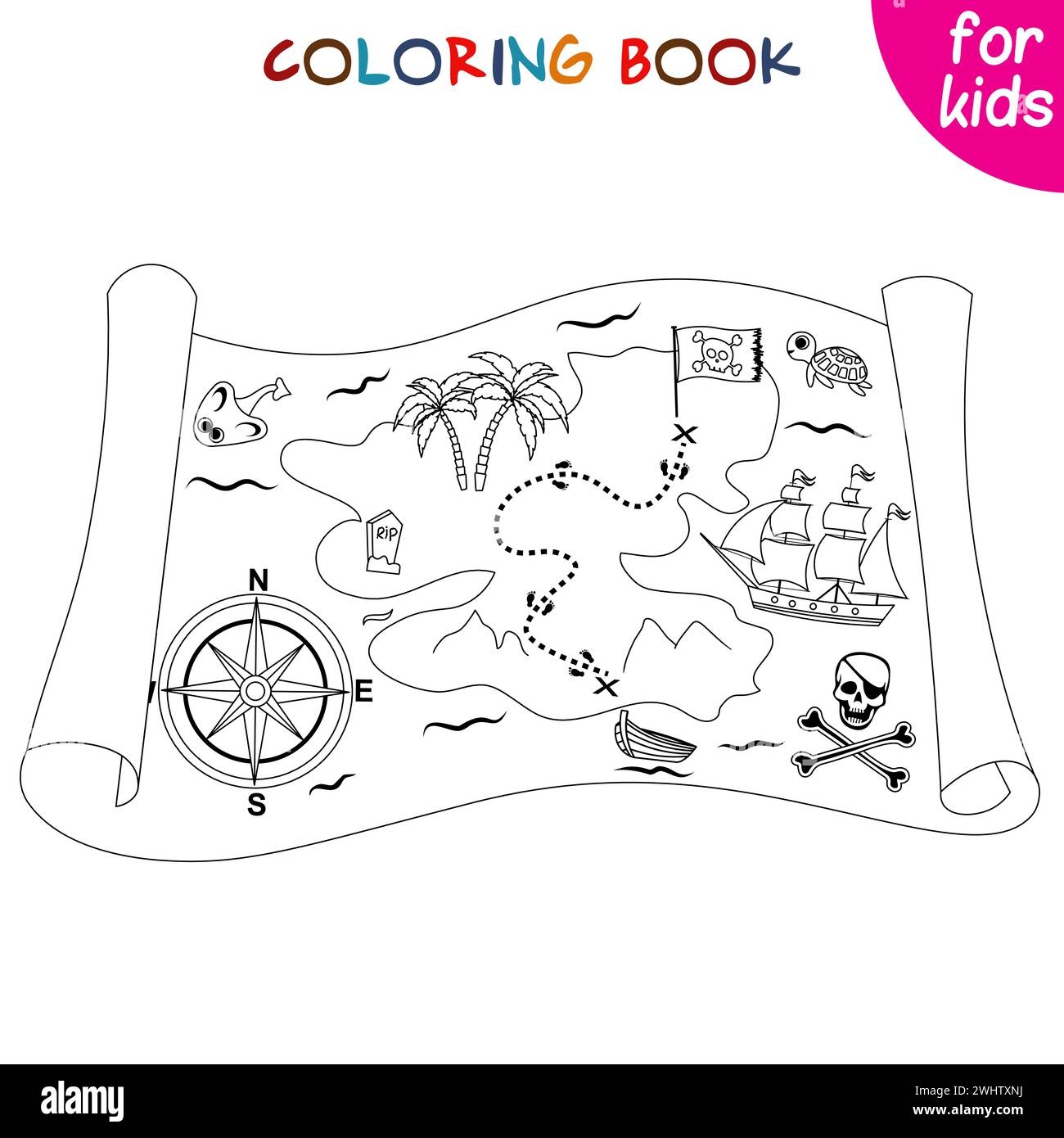 Pirate Adventure Treasure Map Coloring Book Page Template For Children Vector Illustration Stock Vector Image Art Alamy