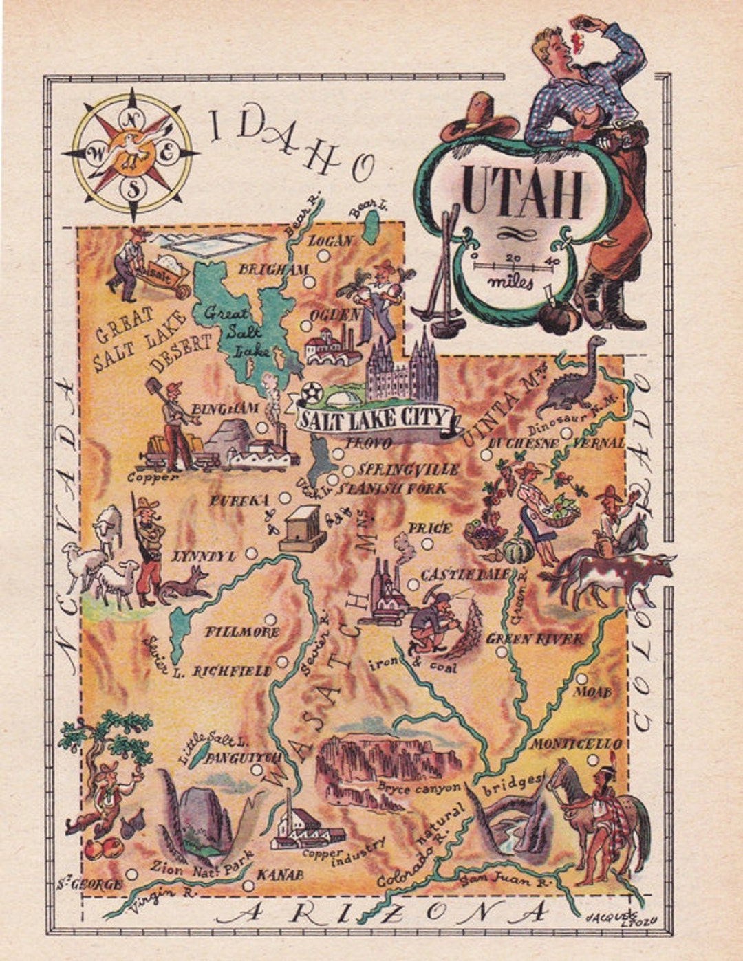 Printable Map Of Utah Funny Pictorial Map From The 1940 s Vintage Map Unique Gift Arts And Crafts Digital Download No 1050 Etsy