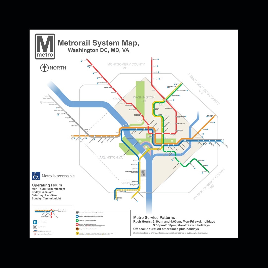 Washington D C DC Metro System U Bahn Diagramm Transit Map Zugschiene 60 X 60 Cm Etsy de