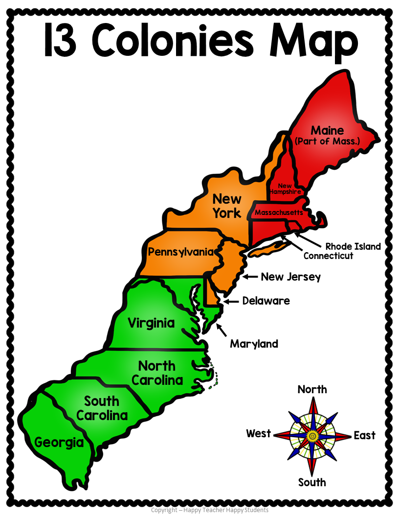 Free Printable Map Of The Thirteen Colonies