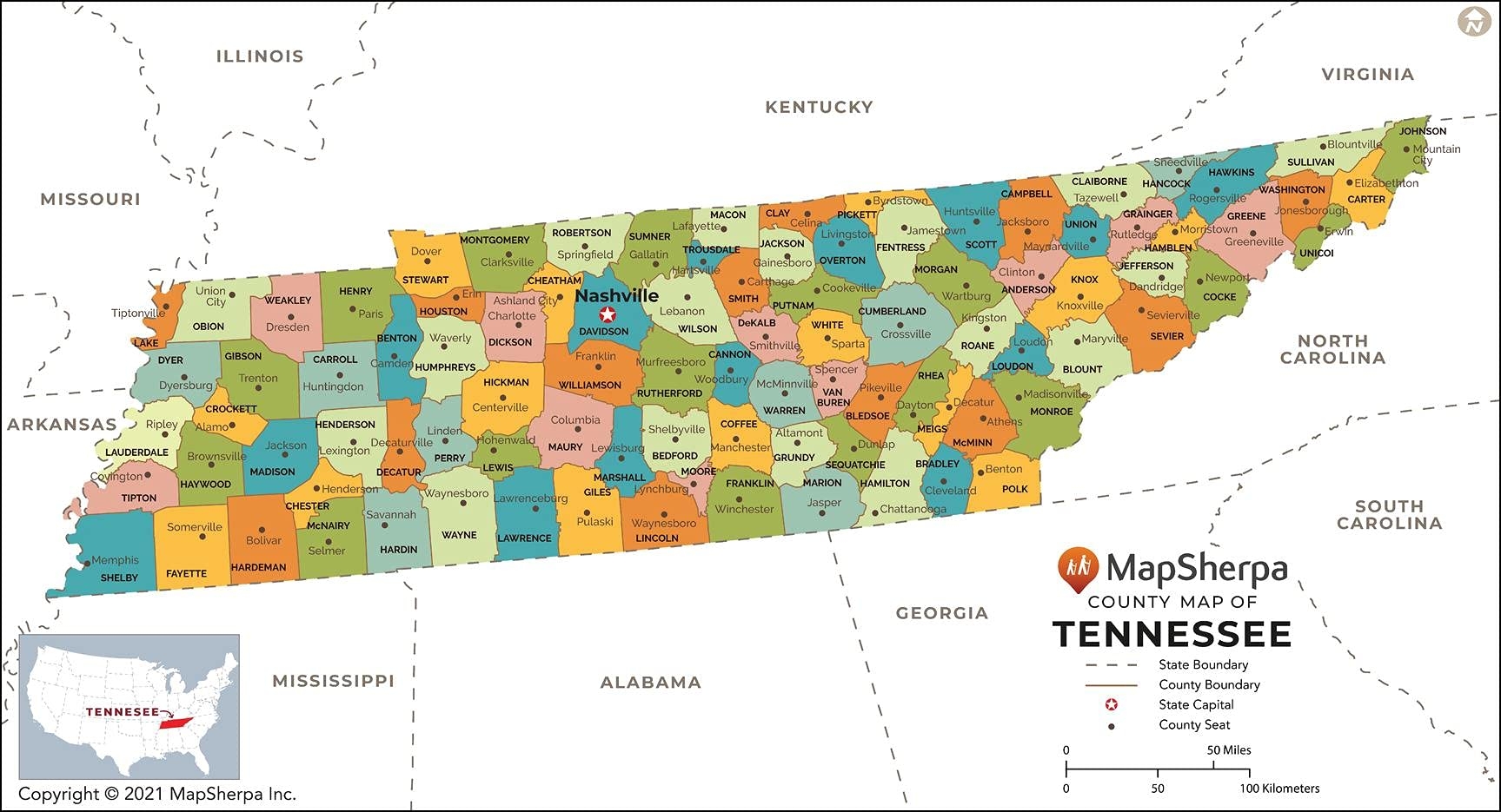 Amazon Tennessee Counties Map Standard 36