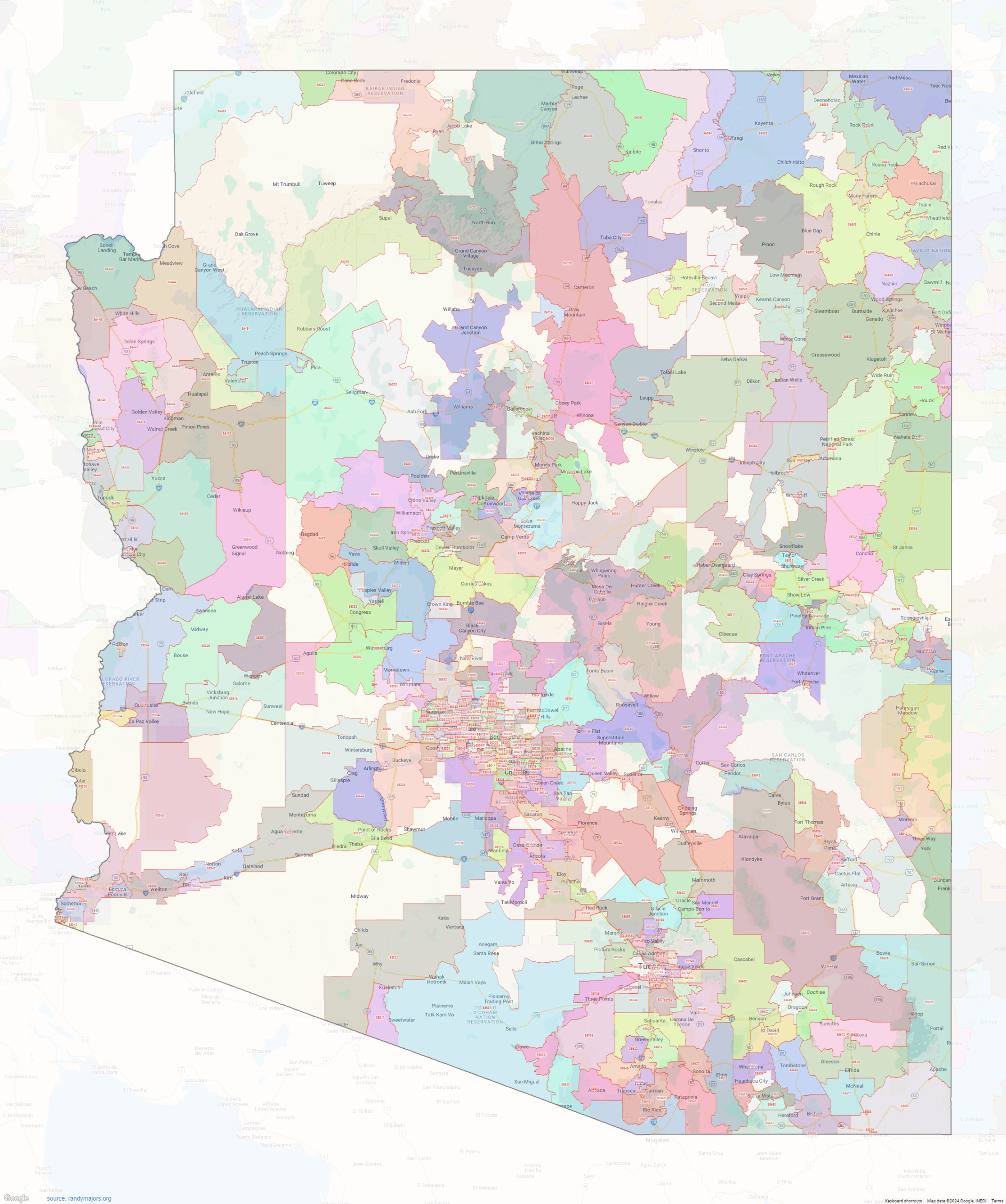 Arizona ZIP Codes Shown On Google Maps