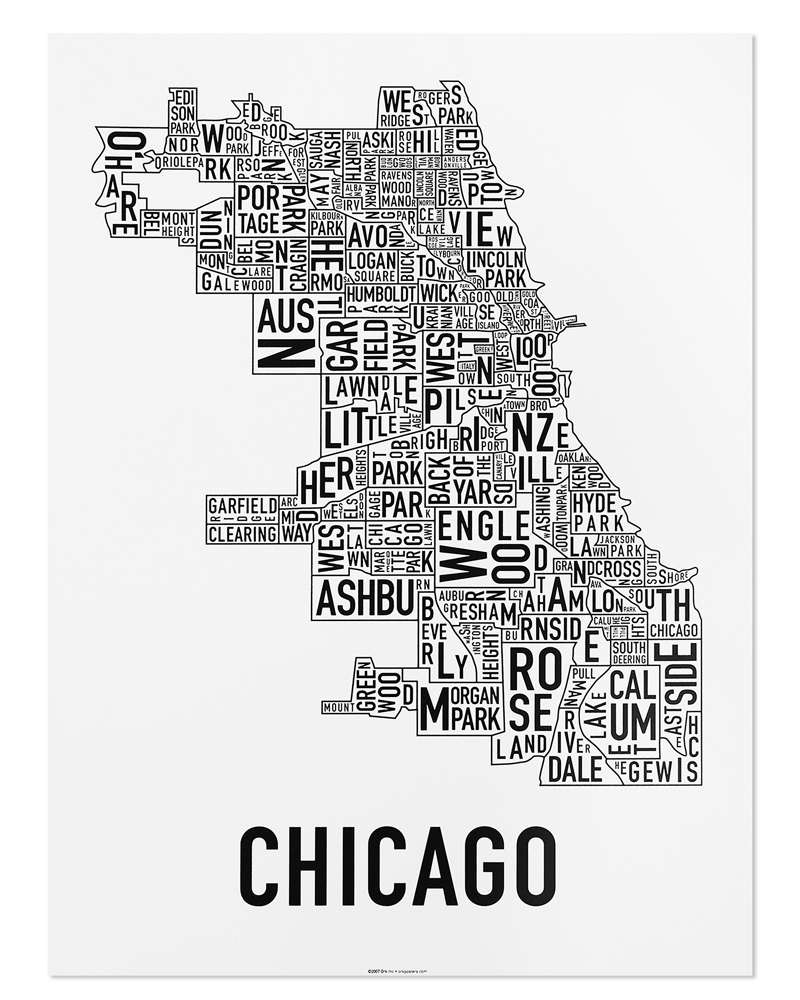 Chicago Neighborhood Map 18 X 24 Classic Black White Poster