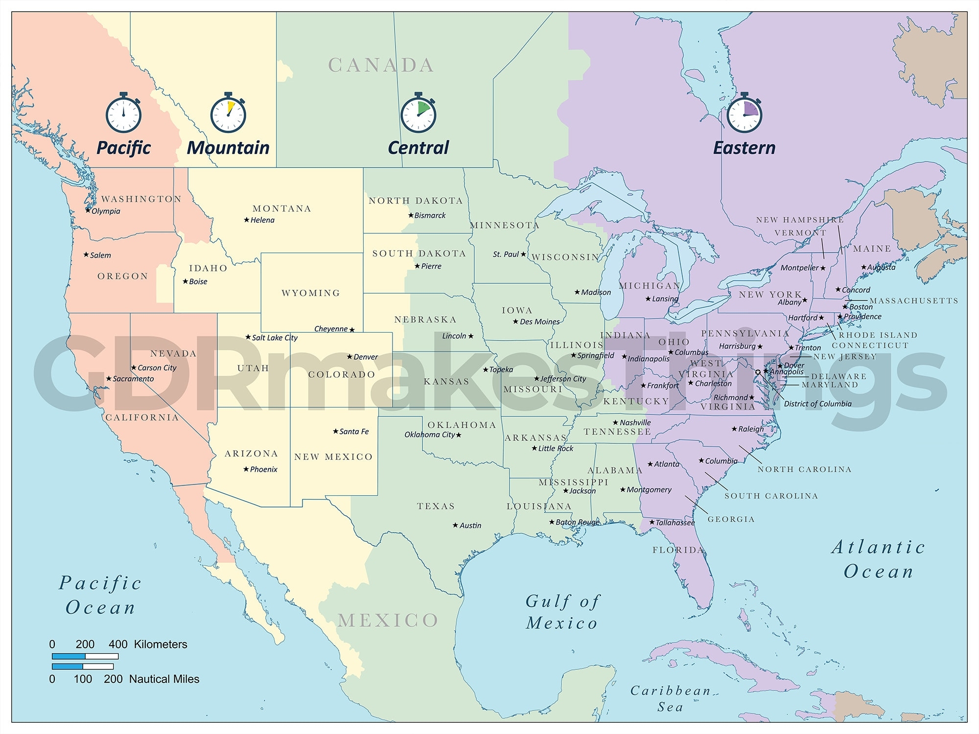 Digital Map Of The Continental United States Showing 4 Time Zones 
