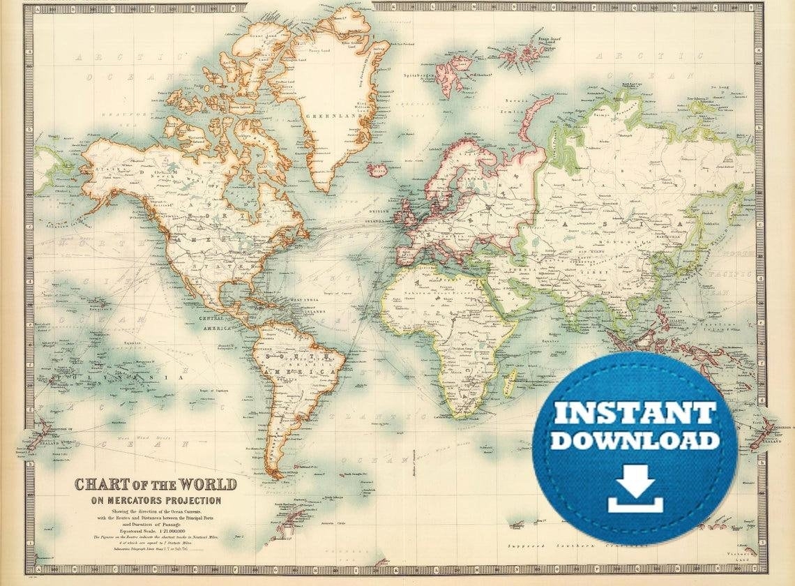 Digital Vintage World Map Printable Download Antique World Map 
