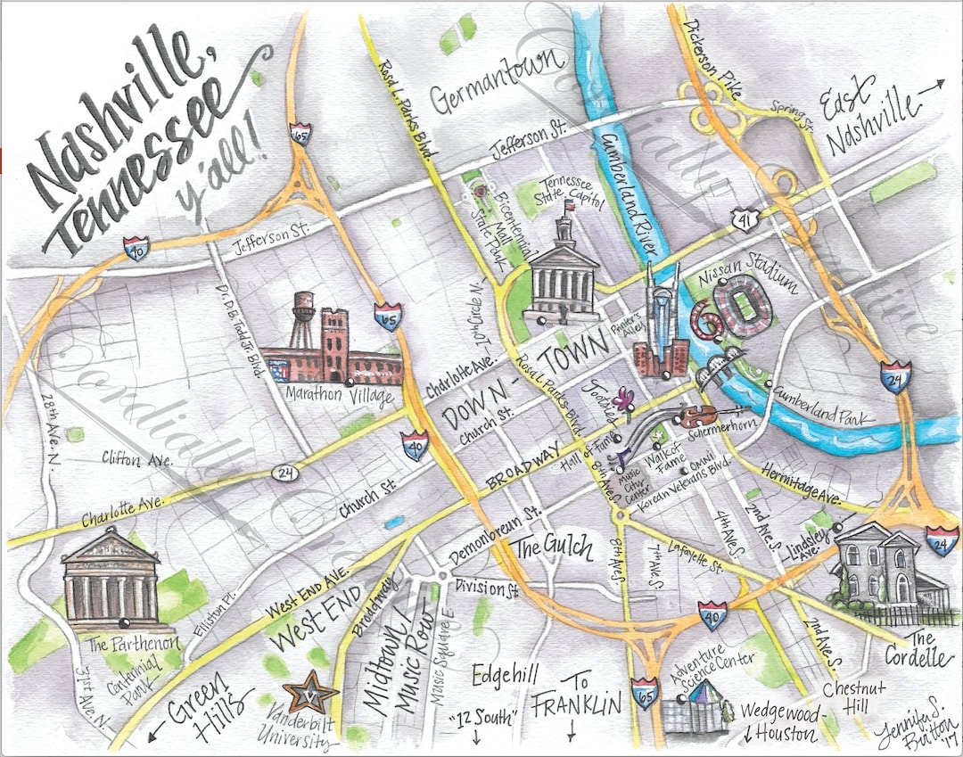Downtown Nashville Map Watercolor Illustration Print Digitally Printed On White Linen Stock Hand Drawn Map Tennessee Etsy UK
