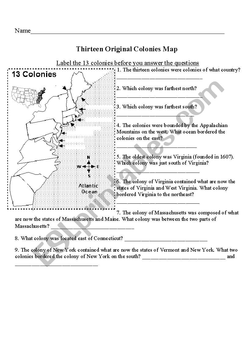 Printable 13 Colonies Blank Map Test