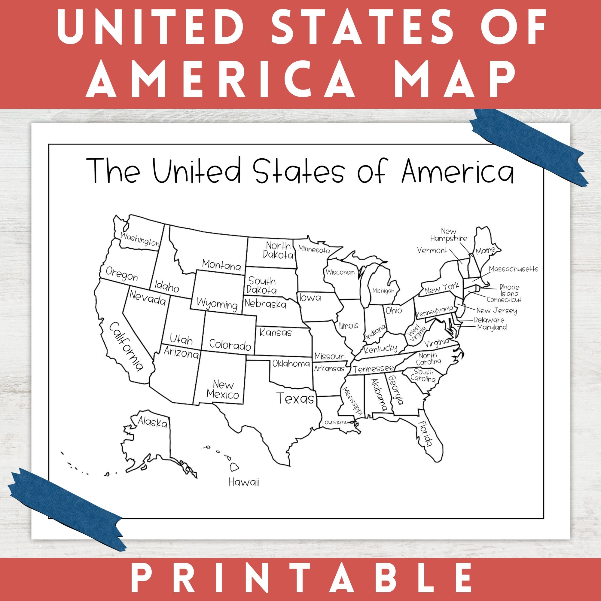 Labeled United States Of America Map For Coloring Printable USA Map Black And White United States Or America Map For Classroom Decor Etsy