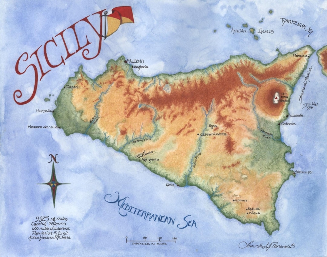 Map Of Sicily Italy Watercolor Photo Realistic Colored Pencils Art Illustration Drawing Print Archival Paper 11