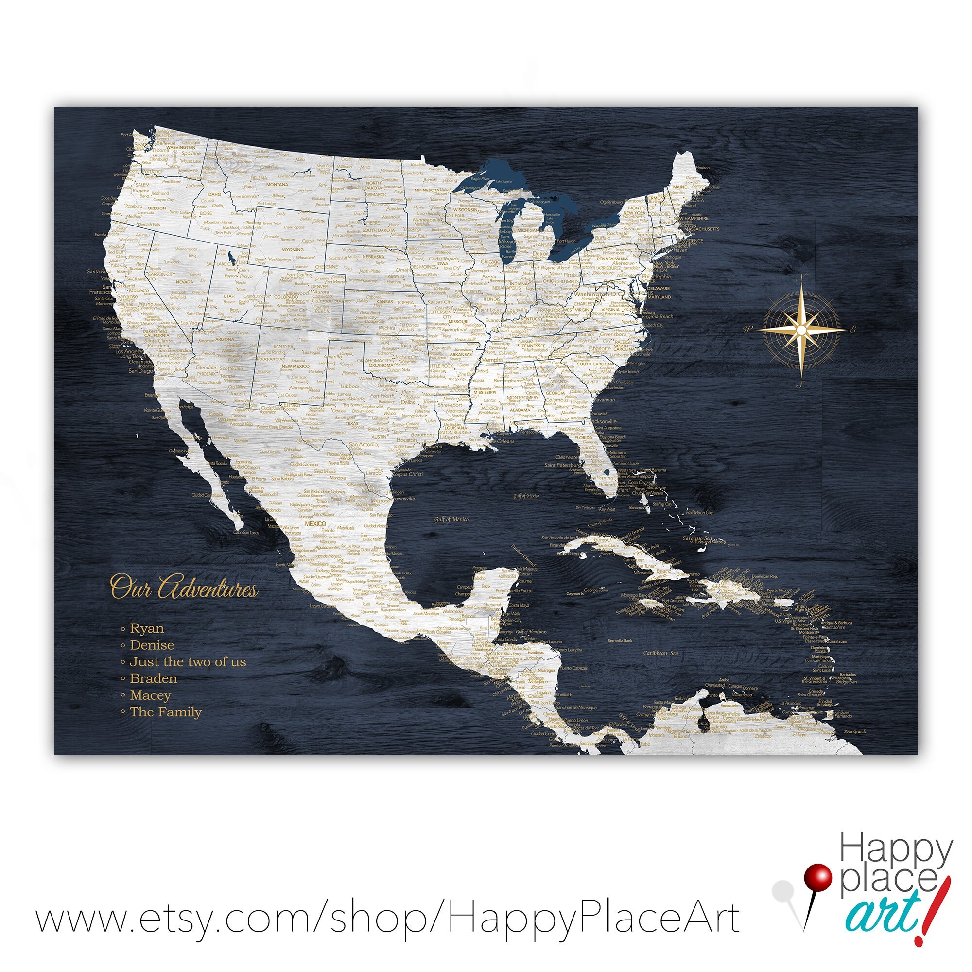 Map With USA Mexico Caribbean Large Navy Map For North American Adventurers Push Pin Map Large Print Or Digital Download Printable 