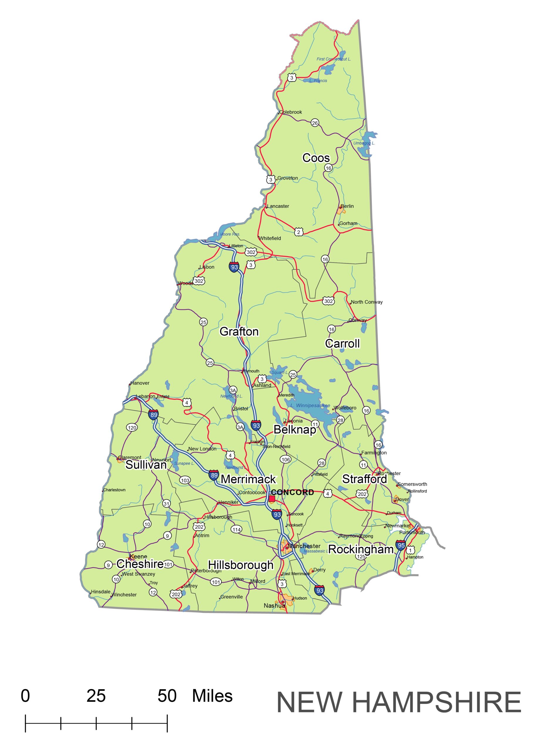 New Hampshire State Vector Road Map Printable Vector Maps
