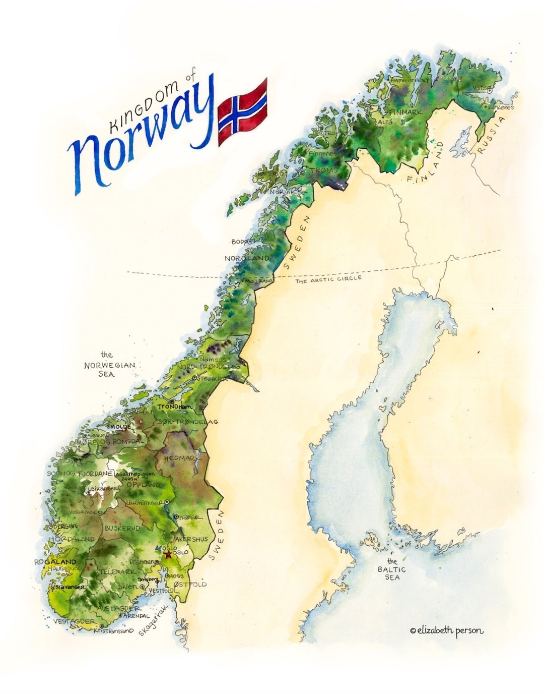 Norway Map Watercolor Illustration Scandinavian Map Norske Norse Oslo Stavanger Bergen Trondheim Viking Scandinavia Map Wall Art Print Etsy UK