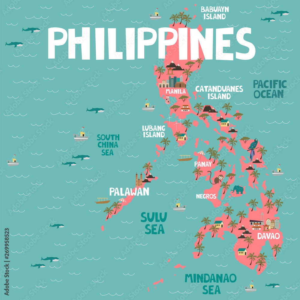 Poster Illustrated Map Of Philippines With Cities And Landmarks Wandbild Europosters