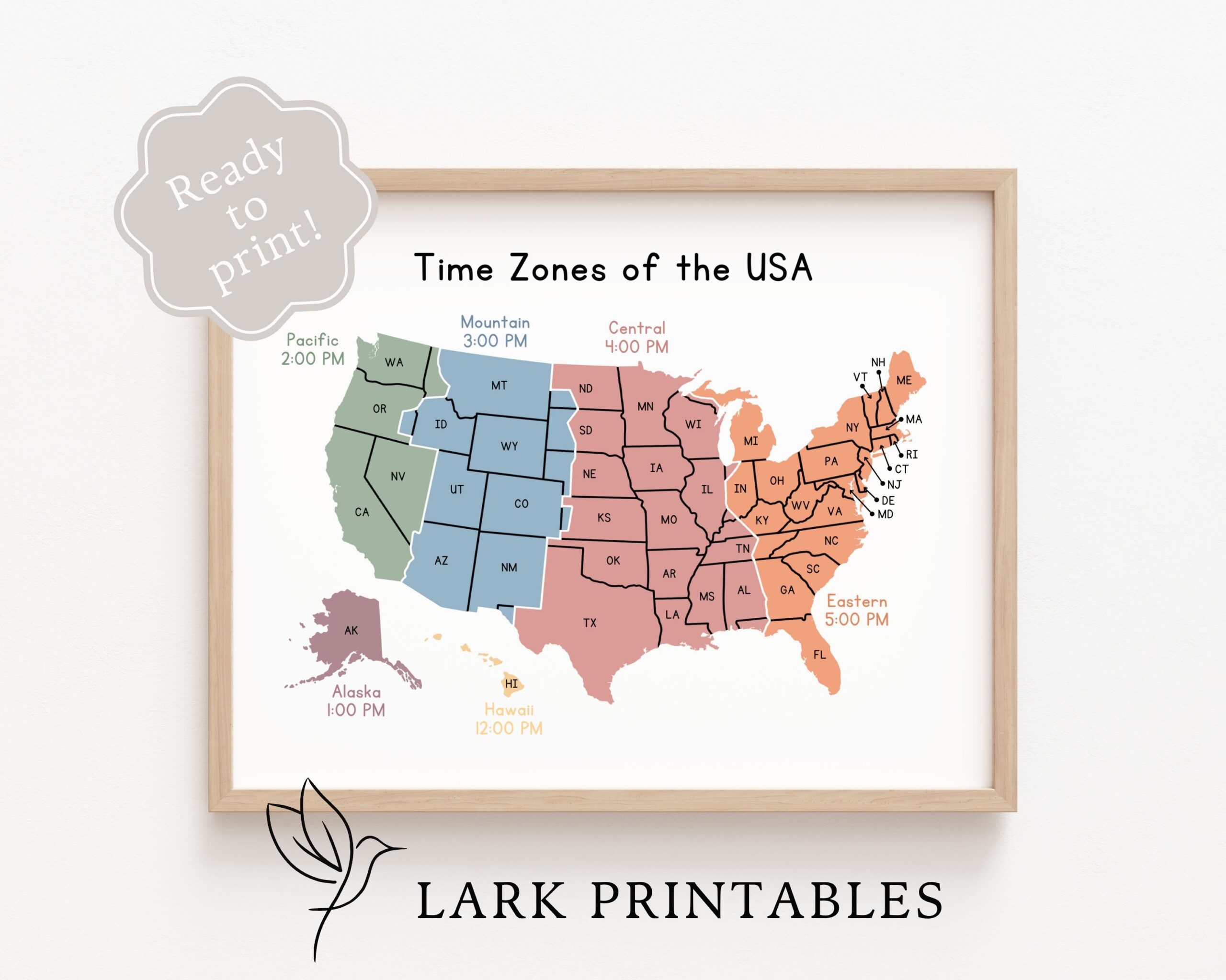 Time Zones Of The USA Map Educational Poster Printable 