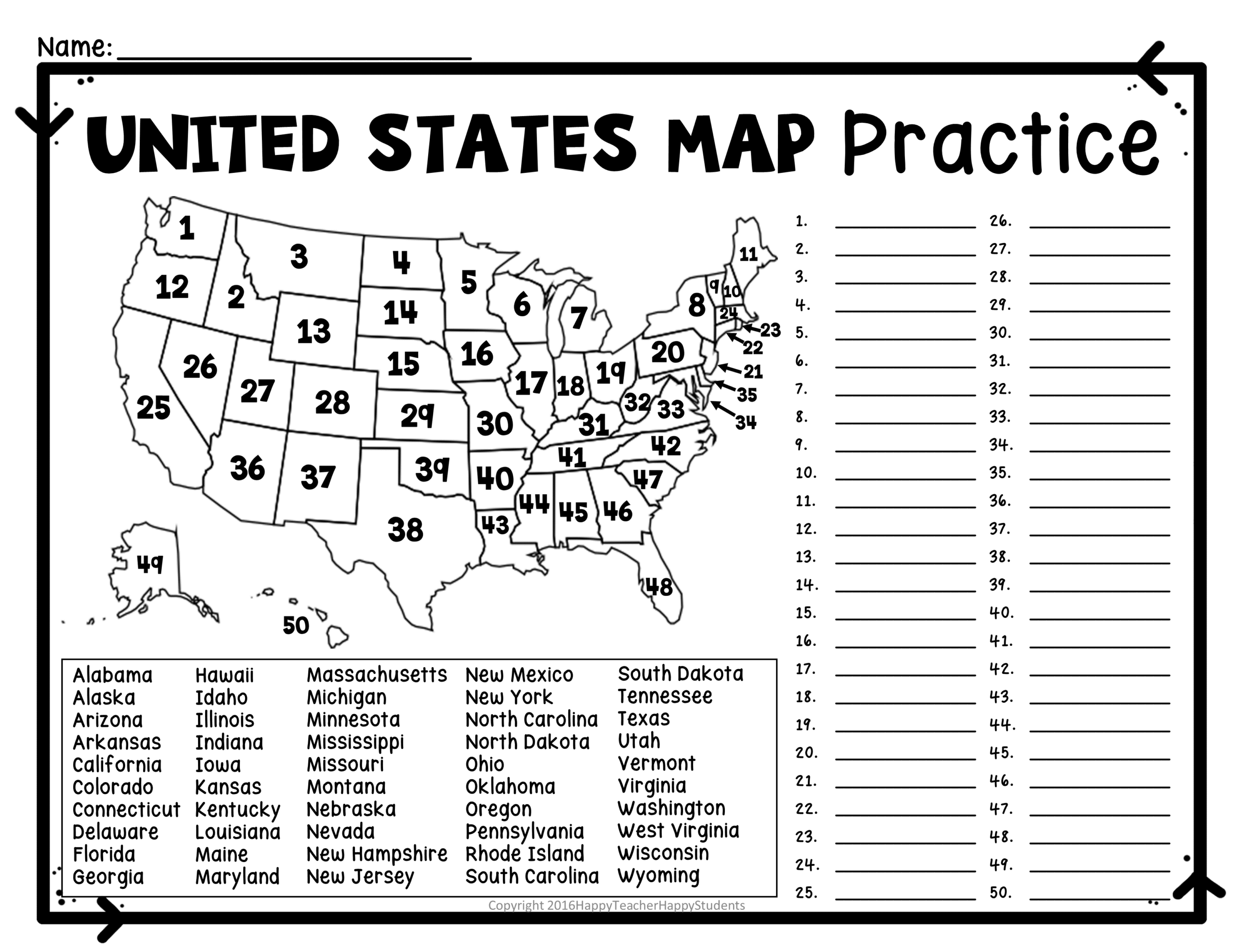 United States Map Quiz U0026 Worksheet USA Map Test W Practice Sheet 
