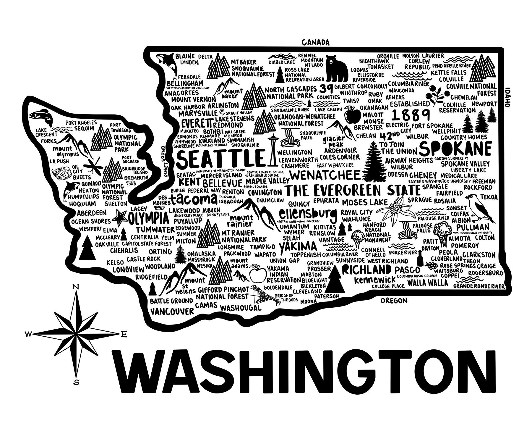 Washington Poster Minimalist State Map State Poster Wall Art Home Decor United States Print Art Print Katie Ford Etsy